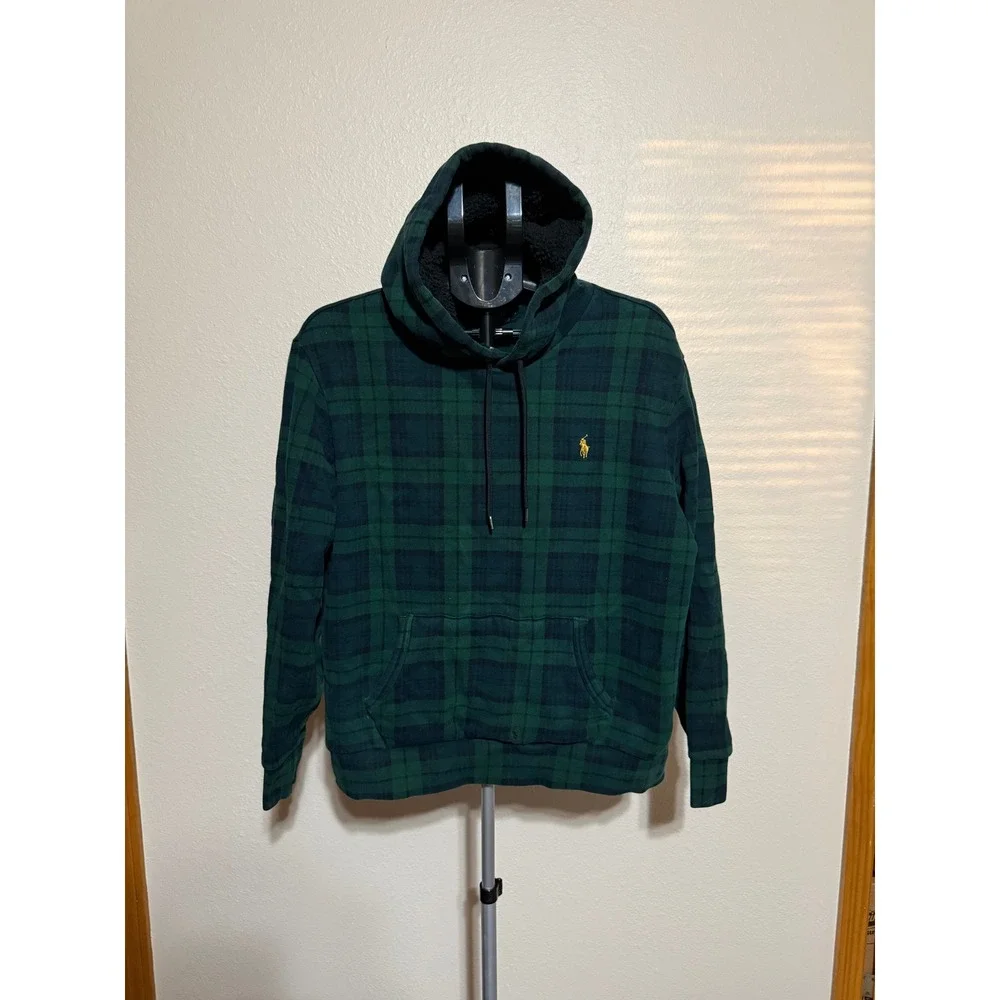 Polo Ralph Lauren Mens Blackwatch Plaid Sherpa Hooded Fleece Sweatshirt Green XL